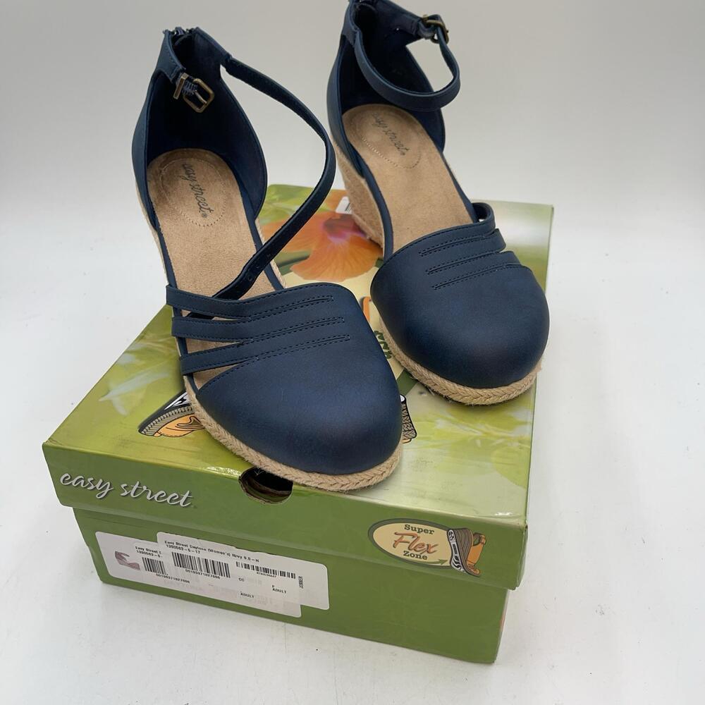 Easy Street Daytona Shoes Womens Navy Espadrille Wedge Sandals Size 9.5 Narrow